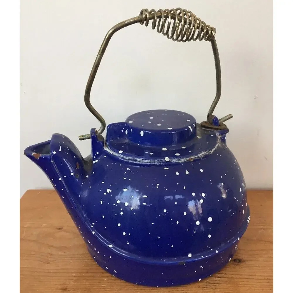 Vtg Cast Iron Blue Enamel Speckleware Wood Stove Top Heavy Duty Water Kettle